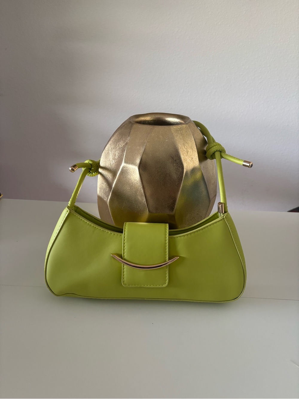 Lime Green Shoulder Bag with Curved Gold Accent